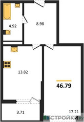 Планировка однокомнатной(квартира) площадью 46.79 квадратных метров в ЖК “ЖК Riga Hills (Рига Хиллс)”