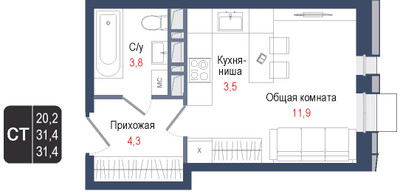 Планировка студии(квартира) площадью 31.4 квадратных метров в ЖК “ЖК КИНОКВАРТАЛ”