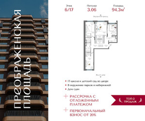 Планировка трехкомнатной(квартира) площадью 94.3 квадратных метров в ЖК “ЖК Преображенская Площадь”