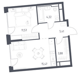 Планировка однокомнатной(квартира) площадью 40.55 квадратных метров в ЖК “ЖК Квартал на воде (Графика на воде)”