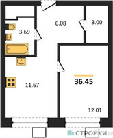 Планировка однокомнатной(квартира) площадью 36.45 квадратных метров в “ЖК Апарт-отель Тропарево парк”