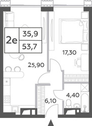 Планировка двухкомнатной(квартира) площадью 53.7 квадратных метров в ЖК “ЖК Will Towers (Вилл Тауэрс)”