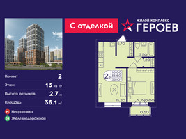 Планировка двухкомнатной(квартира) площадью 36.1 квадратных метров в “ЖК Героев”