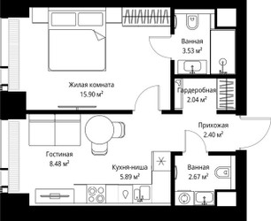 Планировка однокомнатной(квартира) площадью 40.91 квадратных метров в ЖК “ЖК Веер”