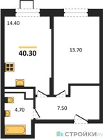 Планировка однокомнатной(квартира) площадью 40.3 квадратных метров в “ЖК ОБЛАКА-2”