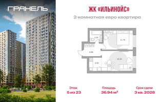 Планировка двухкомнатной(квартира) площадью 36.94 квадратных метров в “ЖК Ильинойс”