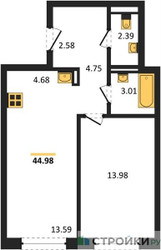 Планировка однокомнатной(квартира) площадью 44.98 квадратных метров в ЖК “ЖК Квартал Марьино”