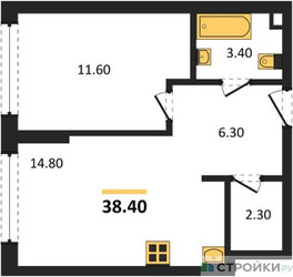 Планировка однокомнатной(квартира) площадью 38.4 квадратных метров в ЖК “ЖК Portland (Портланд)”