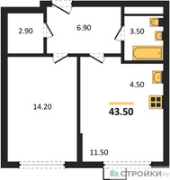 Планировка однокомнатной(квартира) площадью 43 квадратных метров в “ЖК Ново-Молоково”