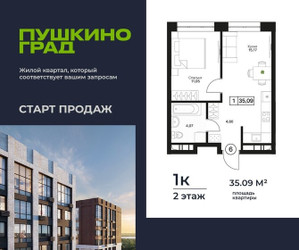 Планировка однокомнатной(квартира) площадью 35.09 квадратных метров в ЖК “ЖК Пушкино Град”