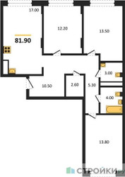 Планировка трехкомнатной(квартира) площадью 81.9 квадратных метров в ЖК “ЖК Переделкино Ближнее”