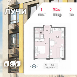 Планировка однокомнатной(квартира) площадью 35.3 квадратных метров в ЖК “ЖК Лучи”