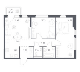 Планировка двухкомнатной(квартира) площадью 60.5 квадратных метров в ЖК “ЖК Пригород Лесное”