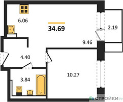 Планировка однокомнатной(квартира) площадью 34.69 квадратных метров в “ЖК Новое Видное”
