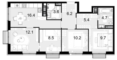 Планировка 4+ комнатной(квартира) площадью 76.8 квадратных метров в ЖК “ЖК Новая Звезда (Газопровод)”