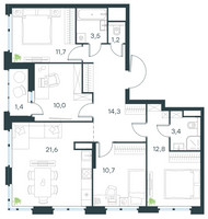 Планировка 4+ комнатной(квартира) площадью 90.6 квадратных метров в “ЖК Левел Лесной”