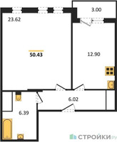 Планировка однокомнатной(квартира) площадью 50.43 квадратных метров в “ЖК Светлый мир БиоПолис”