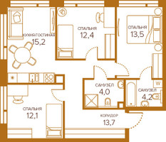 Планировка трехкомнатной(квартира) площадью 75.1 квадратных метров в “ЖК Champine (Шампайн)”