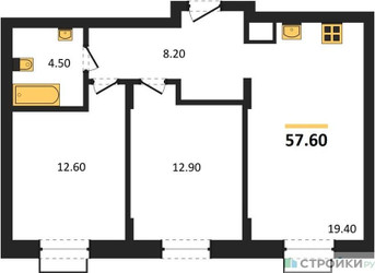 Планировка двухкомнатной(квартира) площадью 57.6 квадратных метров в ЖК “ЖК Резиденции Сколково”