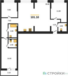 Планировка трехкомнатной(квартира) площадью 101.1 квадратных метров в ЖК “ЖК Первый квартал”