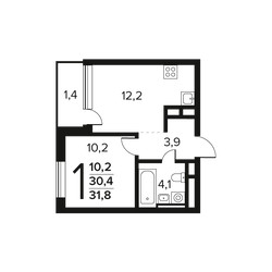 Планировка однокомнатной(квартира) площадью 31.8 квадратных метров в ЖК “Новые Ватутинки. Заречный”