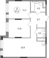 Планировка двухкомнатной(квартира) площадью 61.3 квадратных метров в “ЖК Первый Московский”