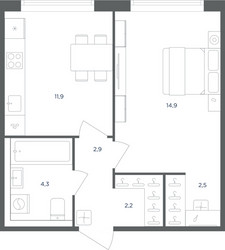 Планировка однокомнатной(квартира) площадью 38.7 квадратных метров в ЖК “ЖК Равновесие”