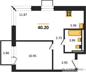 Планировка однокомнатной(квартира) площадью 40.2 квадратных метров в ЖК “ЖК Квартал Западный”
