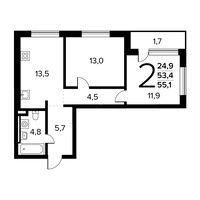 Планировка двухкомнатной(квартира) площадью 55.1 квадратных метров в “Новые Ватутинки. Заречный”