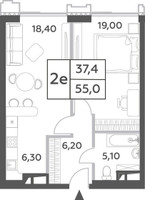 Планировка двухкомнатной(квартира) площадью 55 квадратных метров в “ЖК Will Towers (Вилл Тауэрс)”