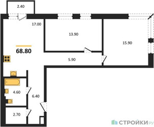 Планировка двухкомнатной(квартира) площадью 68.8 квадратных метров в ЖК “ЖК Квартал Герцена”