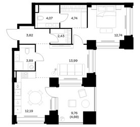 Планировка однокомнатной(квартира) площадью 62.75 квадратных метров в ЖК “ЖК НОВА”