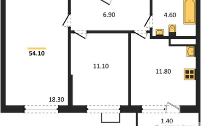Планировка двухкомнатной(квартира) площадью 54.1 квадратных метров в ЖК “ЖК Южные сады”