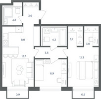 Планировка трехкомнатной(квартира) площадью 63.2 квадратных метров в “ЖК Равновесие”