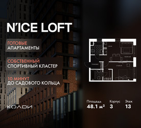 Планировка двухкомнатной(апартаменты) площадью 48.1 квадратных метров в ЖК “ЖК N’ICE LOFT (Найс Лофт)”