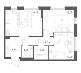 Планировка двухкомнатной(квартира) площадью 53.09 квадратных метров в ЖК “ЖК Новое Внуково”