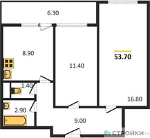 Планировка двухкомнатной(квартира) площадью 53.7 квадратных метров в “ЖК Карамельный”