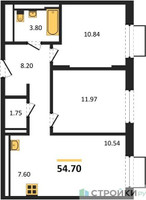 Планировка двухкомнатной(квартира) площадью 54.7 квадратных метров в “ЖК Квартал Строгино”