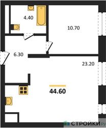 Планировка однокомнатной(квартира) площадью 44.6 квадратных метров в ЖК “ЖК Детали”