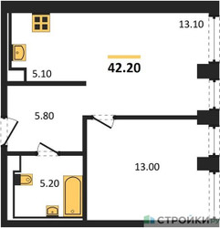Планировка однокомнатной(квартира) площадью 42.2 квадратных метров в ЖК “ЖК INJOY (Инджой)”