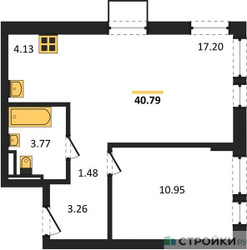 Планировка однокомнатной(квартира) площадью 40.79 квадратных метров в ЖК “ЖК Квартал Авиаторов”