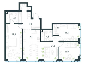 Планировка 4+ комнатной(квартира) площадью 96.4 квадратных метров в ЖК “ЖК Левел Мичуринский”