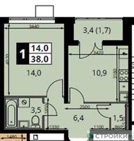 Планировка однокомнатной(квартира) площадью 38 квадратных метров в “ЖК 1-й Южный (Первый Южный)”