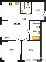 Планировка двухкомнатной(квартира) площадью 59 квадратных метров в ЖК “ЖК Бестселлер”