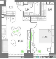 Планировка однокомнатной(квартира) площадью 46.78 квадратных метров в “ЖК Upside Towers (Апсайд Тауэрс)”