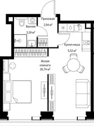 Планировка однокомнатной(квартира) площадью 38.59 квадратных метров в ЖК “Мультиквартал СИТИДЗЕН”