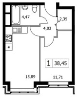 Планировка однокомнатной(квартира) площадью 38.45 квадратных метров в “ЖК Городские Истории”