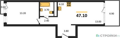 Планировка однокомнатной(квартира) площадью 48.9 квадратных метров в ЖК “ЖК Новая Щербинка”
