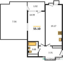 Планировка однокомнатной(апартаменты) площадью 55.1 квадратных метров в “ЖК Равновесие”