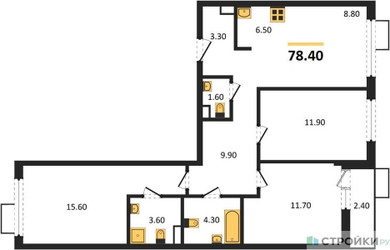 Планировка трехкомнатной(квартира) площадью 78.4 квадратных метров в ЖК “ЖК Бунинские кварталы”